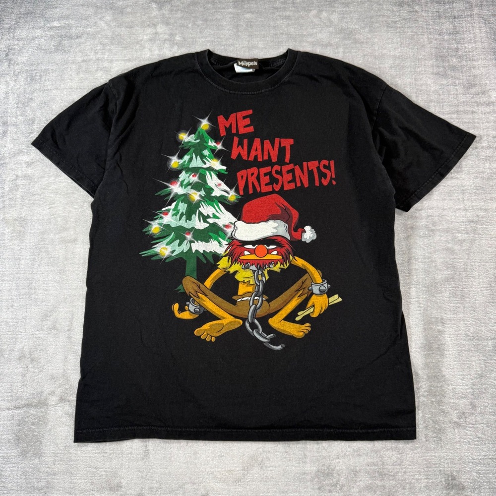 The Muppets Shirt Mens Large Black Vtg Y2K Animal Christmas Me Want Presents